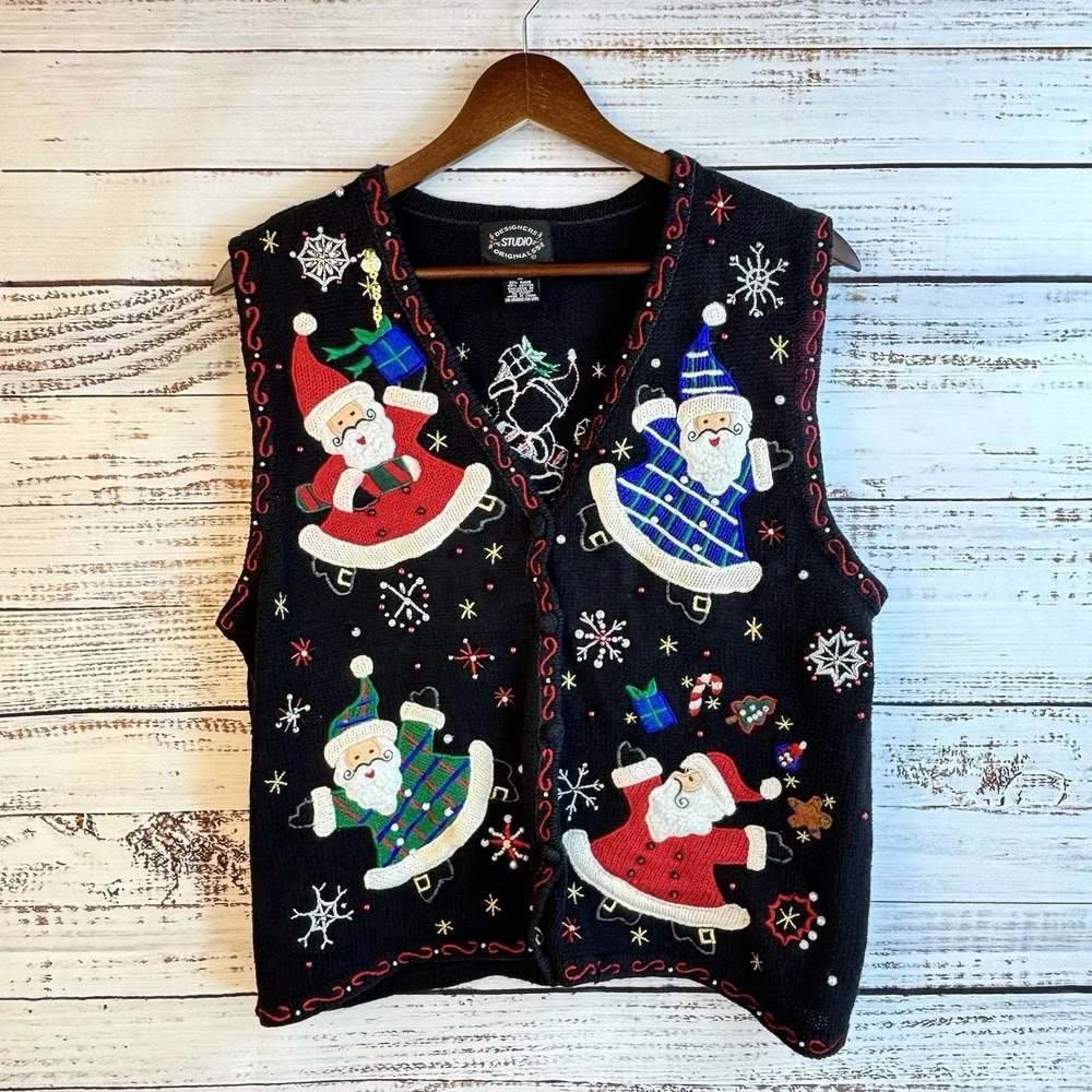 Vintage Christmas Sweater Vest Black M 3D Santas Beaded Embroidered Kitsch
